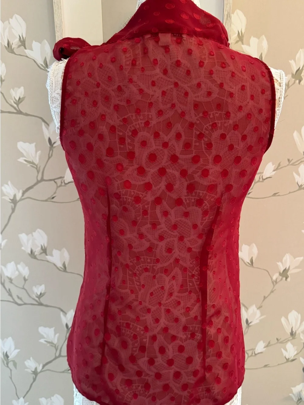 J. Crew Burgundy Sheer Polka Dot Tie-Neck Sleeveless Blouse